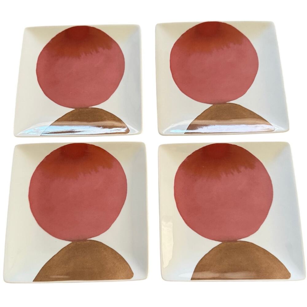 West Elm Luli Sanchez Abstract Circle  8” Square Plates Set of 4 Pink Brown